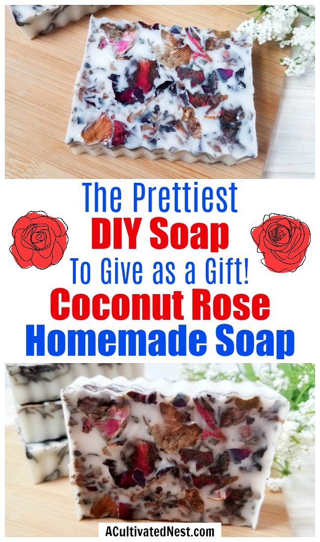 Coconut Rose DIY Soap- This coconut rose DIY soap is so easy to put together, and makes the most beautiful homemade soap DIY gift! And it uses real rose petals! | DIYs that use essential oils, floral soap, how to make your own soap, melt and pour soap recipes, goat milk soap, #soap #DIY #ACultivatedNest