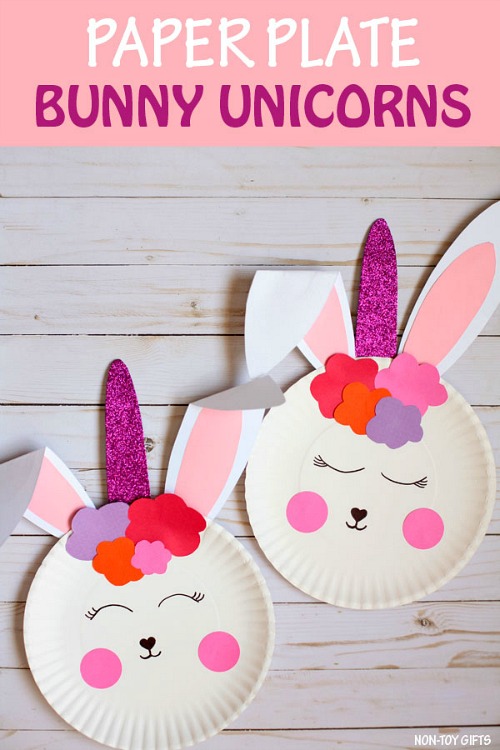 Bunny Unicorn Craft- Keep your kids entertained this Easter with these 17 fun and frugal Easter kids activities! They're so fun, and very inexpensive! | spring kids crafts, paper plate crafts, bunny kids crafts, DIY easter eggs, #Easter #kidsActivities #ACultivatedNest