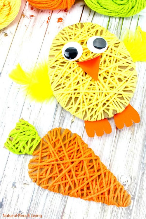 Easter Yarn Crafts- Keep your kids entertained this Easter with these 17 fun and frugal Easter kids activities! They're so fun, and very inexpensive! | spring kids crafts, paper plate crafts, bunny kids crafts, DIY easter eggs, #Easter #kidsActivities #ACultivatedNest