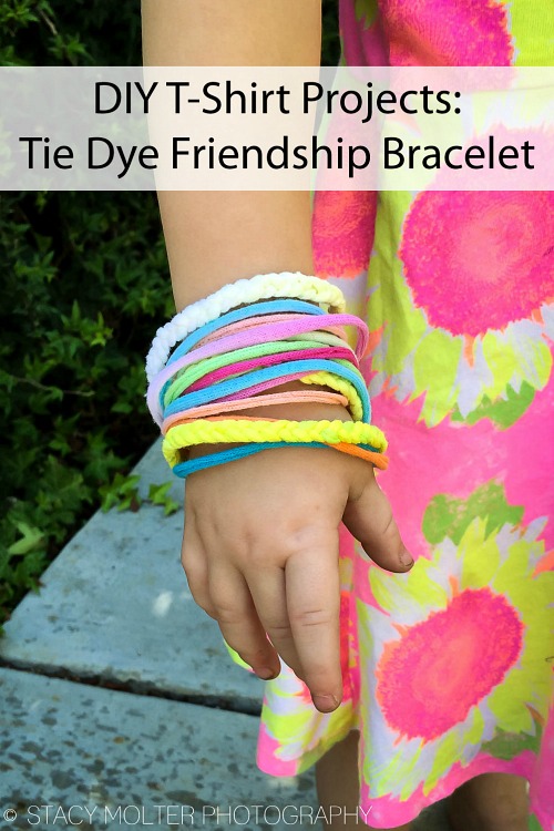 Tie-Dye T-shirt Bracelet- Just because a t-shirt's old doesn't mean it's trash! Instead, try one of these awesome ways to upcycle t-shirts! There are a lot of great t-shirt DIYs to try! | repurpose t-shirt, t-shirt restyle, recycle t-shirt, ways to use favorite old shirts, #upcycle #diy #ACultivatedNest