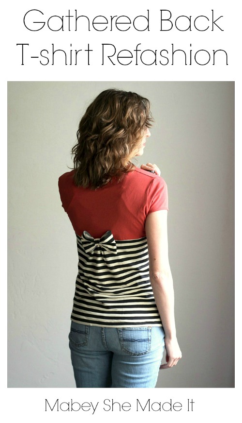 Gathered Back T-Shirt Refashion- Just because a t-shirt's old doesn't mean it's trash! Instead, try one of these awesome ways to upcycle t-shirts! There are a lot of great t-shirt DIYs to try! | repurpose t-shirt, t-shirt restyle, recycle t-shirt, ways to use favorite old shirts, #upcycle #diy #ACultivatedNest