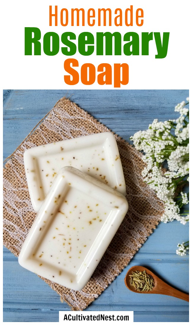 Homemade Rosemary Soap- This DIY bar soap only requires a few materials, but the final homemade rosemary soap feels so wonderful on your skin! This makes a great DIY gift, too! | homemade gift ideas, how to make soap, melt and pour soap recipes, essential oils, #soap #diy #ACultivatedNest