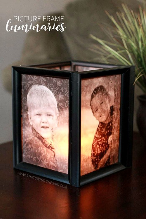 Picture Frame Luminaries- An inexpensive and easy way to make pretty decor is with dollar store materials! Check out all of this pretty home decor made with dollar store frames! | dollar store decor DIY projects, dollar store crafts, upcycle old frames, #dollarStore #dollarTree #DIY #decor #AcultivatedNest