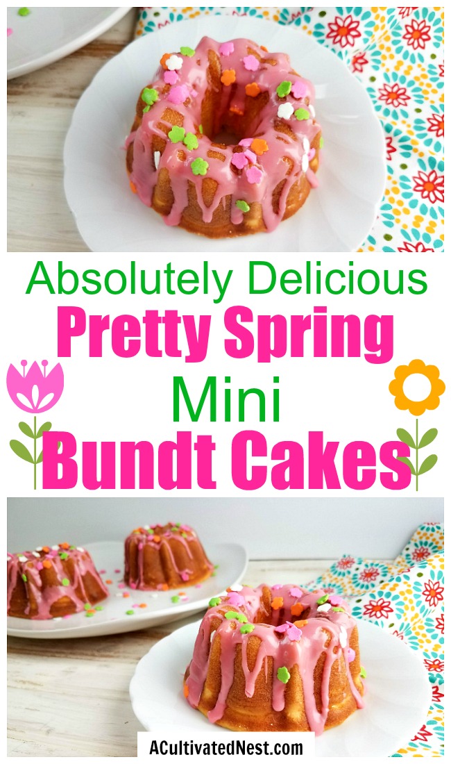 Spring Mini Bundt Cakes- The perfect way to celebrate spring is with these easy (and delicious) spring mini bundt cakes! They're so fun to decorate, and look so cheerful! | spring dessert recipe, Easter dessert recipe, #dessert #recipe #spring #baking #ACultivatedNest