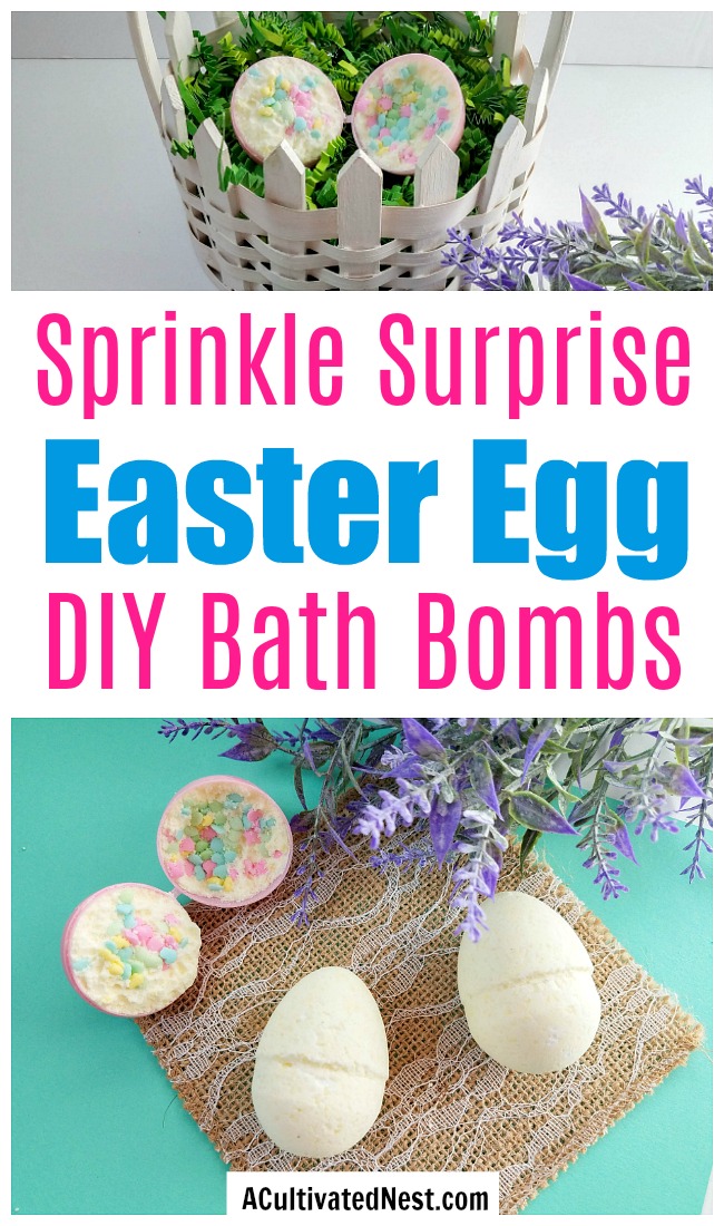 Sprinkle Surprise Easter Egg Bath Bombs- These sprinkle surprise Easter egg bath bombs make a fun homemade Easter gift! These would also be great non-candy Easter basket stuffers! | homemade gift, DIY bath bomb, homemade bath bomb, Easter bath bomb, #Easter #DIY #ACultivatedNest