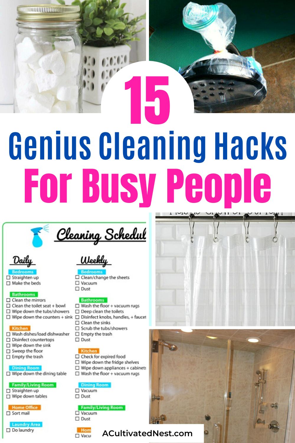The 15 Best Bathroom Cleaning Hacks for Busy People- Get your home's bathrooms clean fast and easily with these genius bathroom cleaning hacks! | bathroom cleaning tips, how to keep bathroom clean with boys, #cleaningTips #cleaningHacks #bathroomCleaning #cleaning #ACultivatedNest