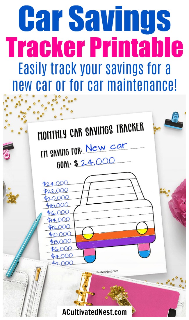 Printable Car Savings Tracker- This printable car savings tracker is a fun, easy way to track your savings progress for a new car or planned car maintenance! | personal finance worksheets, savings coloring page, sinking funds, #printable #frugalLiving #saveMoney #ACultivatedNest