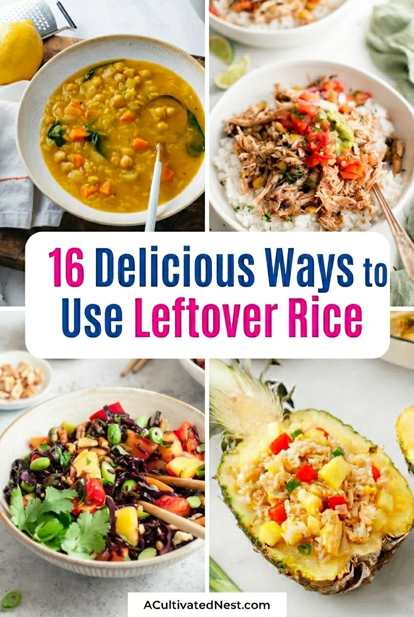 16 Delicious Ways to Use Leftover Rice- Whipping up a quick and delicious dinner when life gets busy doesn't have to be stressful or expensive! Using leftover rice is the perfect time-saving hack for busy families who still want a high-quality, comforting meal on the table. From unique crispy rice waffles to hearty stuffed pepper soups and easy burrito bowls, these out-of-the-box recipes prove the possibilities are truly endless. | #QuickAndEasyMeals #FamilyDinnerIdeas #RiceRecipes #CheapEating #ACultivatedNest