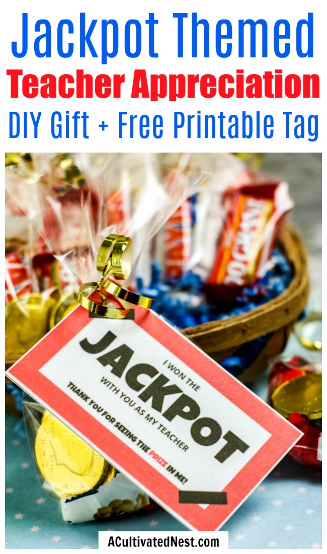 Jackpot DIY Teacher Appreciation Gift- This jackpot DIY teacher appreciation gift makes a clever (and tasty) end of the semester gift! And it comes with a free printable gift tag! | candy gift for teachers, food gift for teachers, end of the school year gift, end of the semester gift, #diyGift #teacherAppreciation #homemadeGift #ACultivatedNest