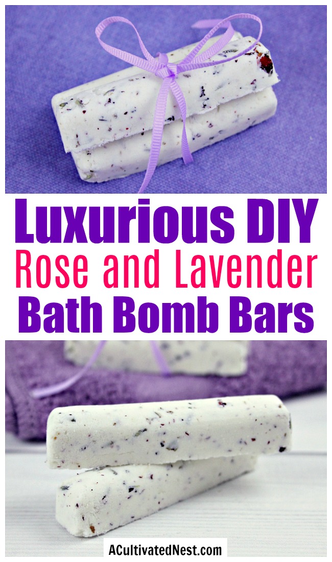 Rose and Lavender Bath Bomb Bars- These rose and lavender bath bomb bars make such a luxurious addition to your bath! And they're easier to store and use than traditional spherical bath bombs. Plus, they make a great DIY gift! | homemade beauty product, how to make a bath bomb, bath bomb sticks, DIY gift ideas, #diy #bathBomb #beauty #ACultivatedNest