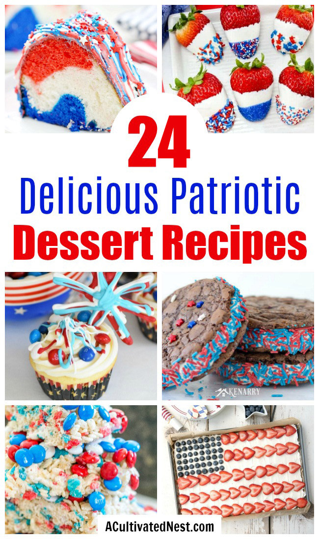 24 Delicious Patriotic Dessert Recipes- These delicious red, white, & blue treats will help you have the best Memorial Day or Fourth of July party ever! There are so many tasty patriotic desserts to choose from! | patriotic party treats, Fourth of July desserts, Memorial Day desserts, cake, #dessertRecipe #4thOfJuly #MemorialDay #ACultivatedNest