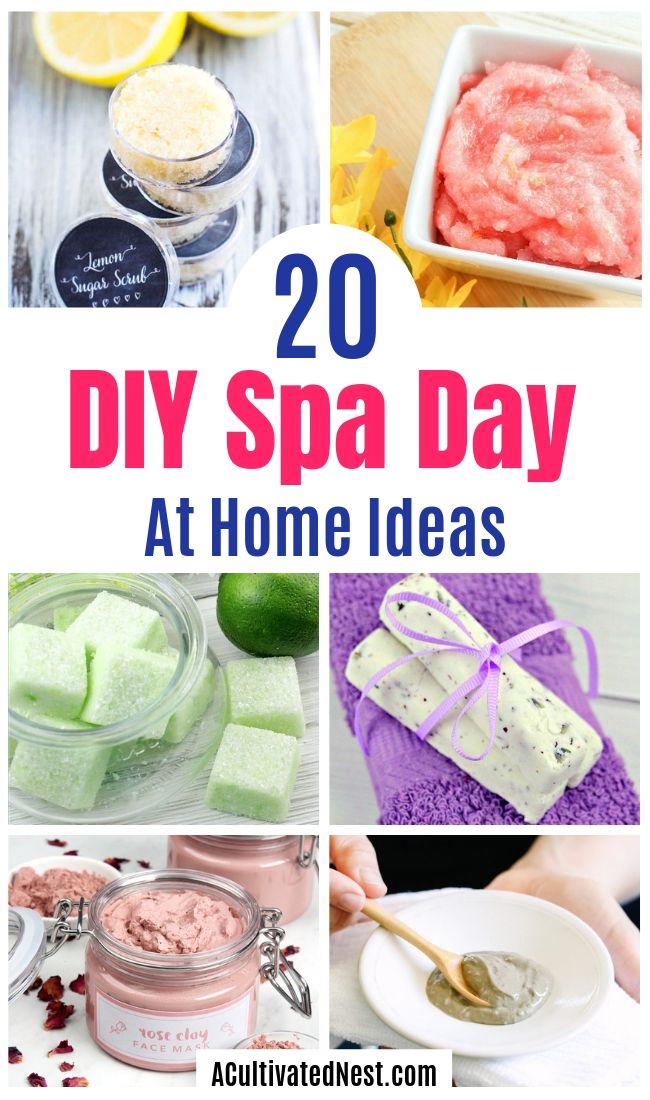 20 DIY Spa Day At Home Ideas- You don't need to spend money at a commercial spa when you know these DIY spa day at home beauty product recipes and tips! You'll be relaxed (and looking beautiful) in no time! | homemade beauty products, DIY beauty products, sugar scrub, bath salts, body butter, #spa #spaDayAtHome #DIY #beauty #ACultivatedNest