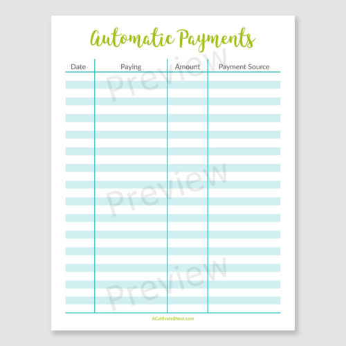 Printable Automatic Payments Tracker
