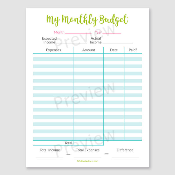 Printable Basic Budget Template- A Cultivated Nest