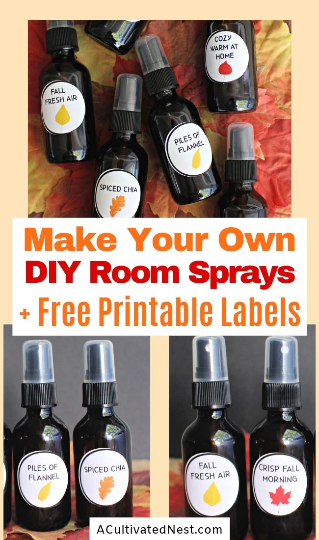 DIY Fall Room Sprays with Essential Oils- You can make your home smell like fall the all-natural way with these DIY fall room sprays! They're made with essential oils! Free printable labels are included! | autumn homemade home spray, DIY air freshener, chemical-free room spray, #DIY #airFreshener #fall #essentialOils #ACultivatedNest