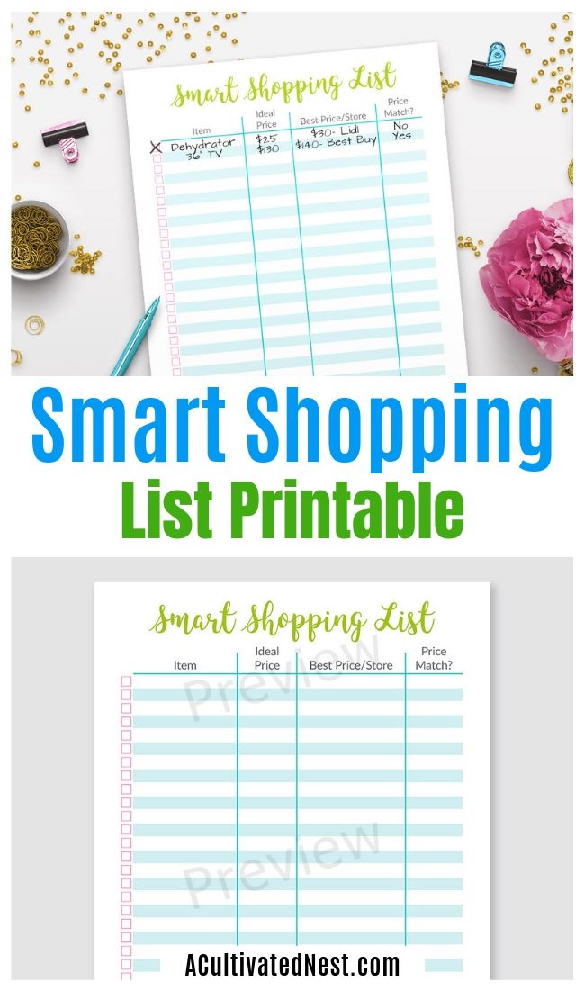 Printable Smart Shopping List- Using a list is critical to frugal shopping. But if you want something even better, you have to use this printable smart shopping list! | #frugalLiving #shopping #printable #shoppingList #ACultivatedNest