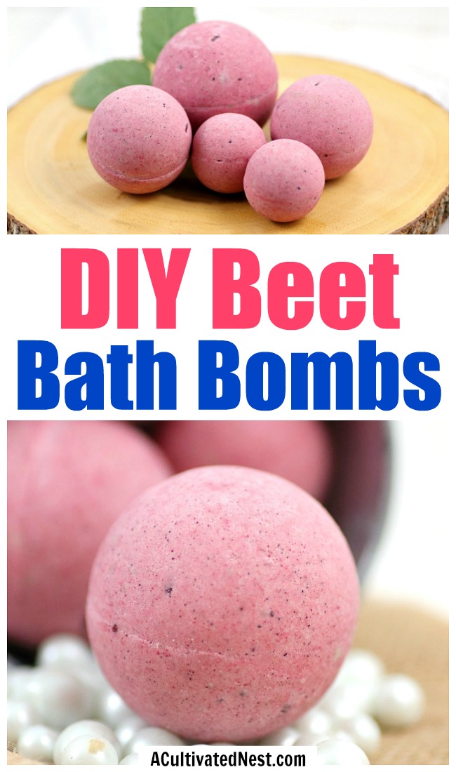 DIY Beet Bath Bombs- These homemade bath bombs are the perfect way to relax after a long day and make wonderful homemade gifts. Plus, they're naturally colored with beets, so they're completely dye free! | #beauty #bathBomb #DIY #homemadeGift #ACultivatedNest