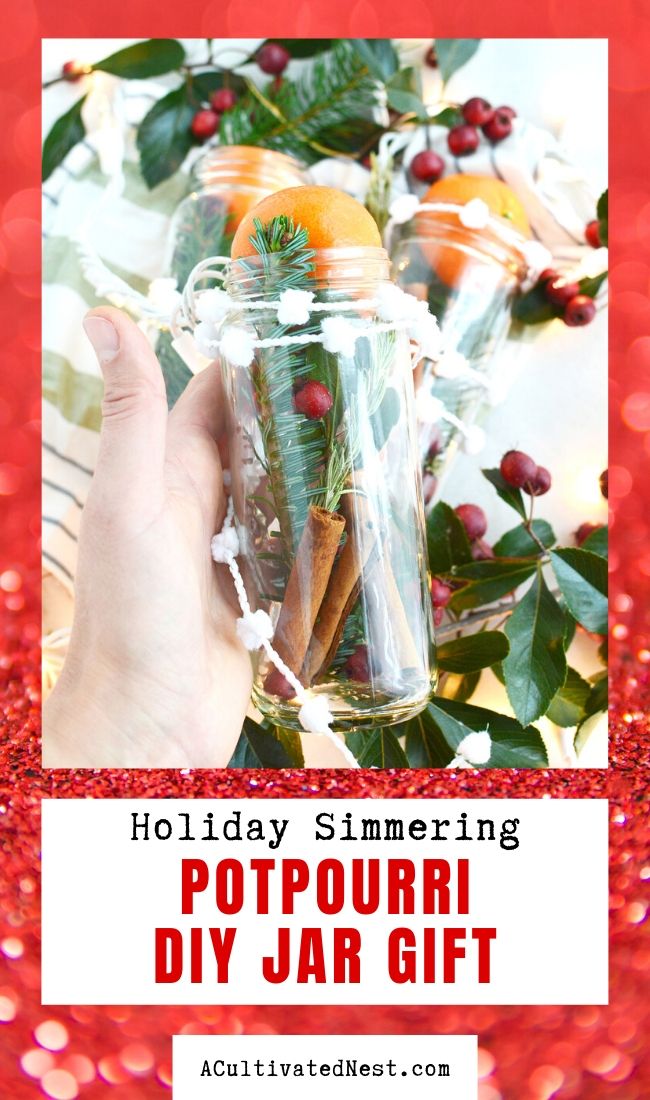 Holiday Simmering Potpourri DIY Gift Jars- If you want a thoughtful homemade gift to give this year, you need to make these holiday simmering potpourri DIY gift jars! They look beautiful and smell amazing! | #homemadeGift #diyGift #simmeringPotpourri #potpourri #ACultivatedNest
