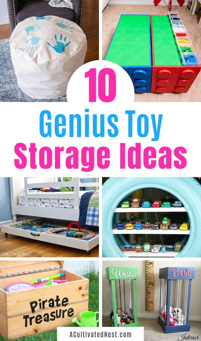 10 Creative DIY Toy Storage Ideas- It's not hard to keep toys organized, if you have the right storage solutions in place! If you're tired of toys lying everywhere, you need these easy DIY toy storage ideas! | kids room organization, kids playroom organization, how to organize kids toys, #toyStorage #toyOrganization #organizingTips #homeOrganization #ACultivatedNest