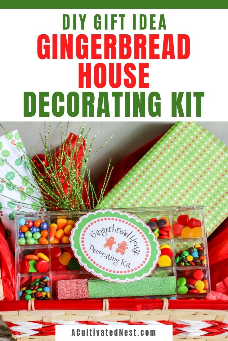 DIY Gingerbread House Decorating Kit Gift- If you want a unique homemade gift to give this year, give this DIY gingerbread house decorating kit gift! Everyone will love how easy it is to make their own gingerbread house with the help of this kit ! | #Christmas  #gingerbreadHouse #homemadeGift #diyGiftIdeas #ACultivatedNest