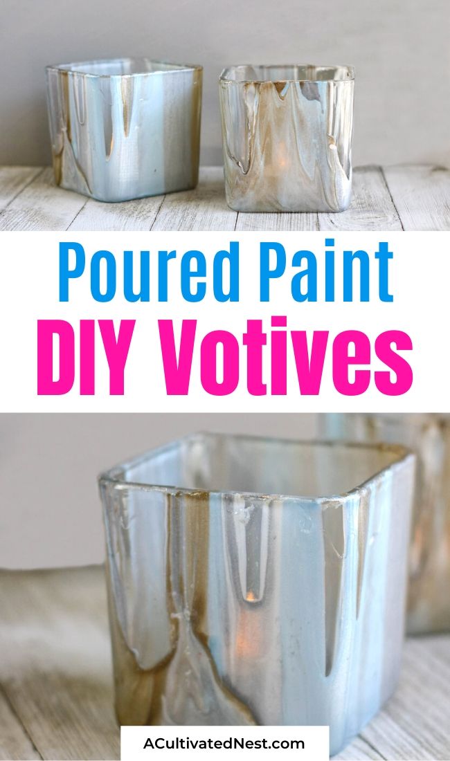 Stunning DIY Poured Paint Votives- If you want to add a touch of class to your home's decor, you need to make these stunning DIY poured paint votives! They're so easy to make, and can be customized to use your favorite color scheme! | #diyProject #craft #DIY #homeDecor #ACultivatedNest