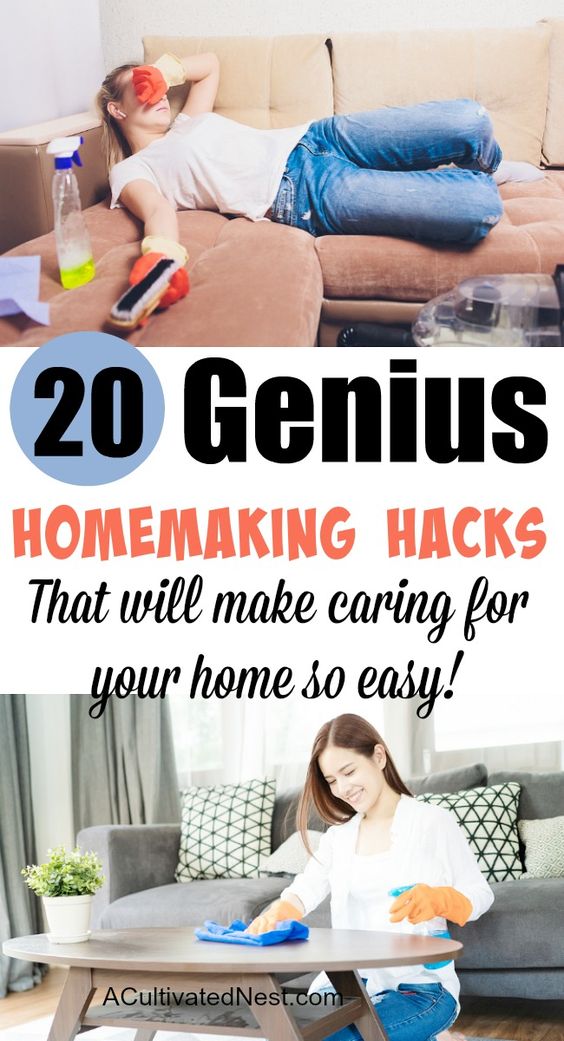 20 Genius Homemaking Hacks - If you're a busy homemaker, you need these 20 genius homemaking hacks and tips! These frugal ways to deal with common household chores will help you save a lot of time, and money! | #homemakingTips #cleaningTips #hacks #DIYCleaner #ACultivatedNest