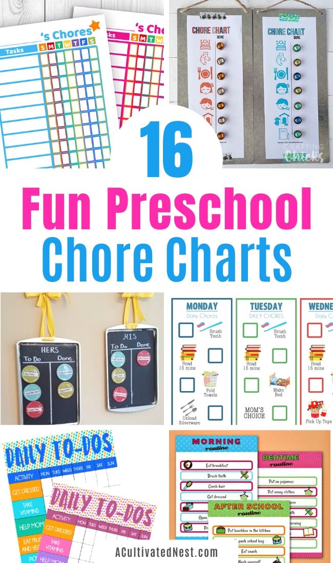 16 Fun Preschool Chore Charts- Want to help your children learn responsibility? Then you need to check out these 16 fun preschool chore charts! These DIY and printable chore charts are colorful and easy for young kids to use! | #choreCharts #choreChartsForKids #kidsChores #chores #ACultivatedNest