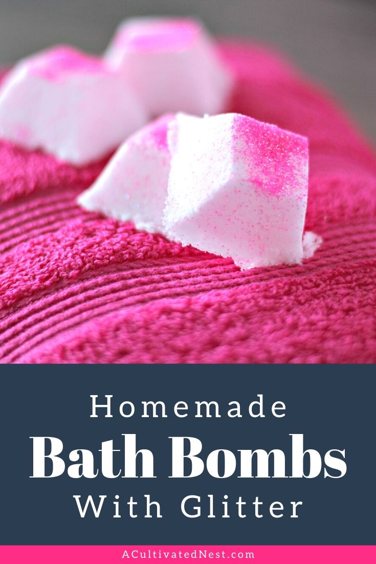 Sparkly Homemade Glitter Bath Bombs- This fun, homemade glitter bath bombs are easy to make and are a wonderful way to relax after a long day! They also make great DIY gifts! | #bathBombs #craft #bathFizzy #DIY #ACultivatedNest