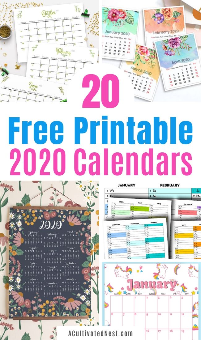 20 Free Printable 2020 Calendars- If you want a pretty new calendar to use in 2020, you have to check out these 20 free printable 2020 calendars! There are so many designs to choose from! | #freePrintables #calendar #printable #freePrintable #ACultivatedNest