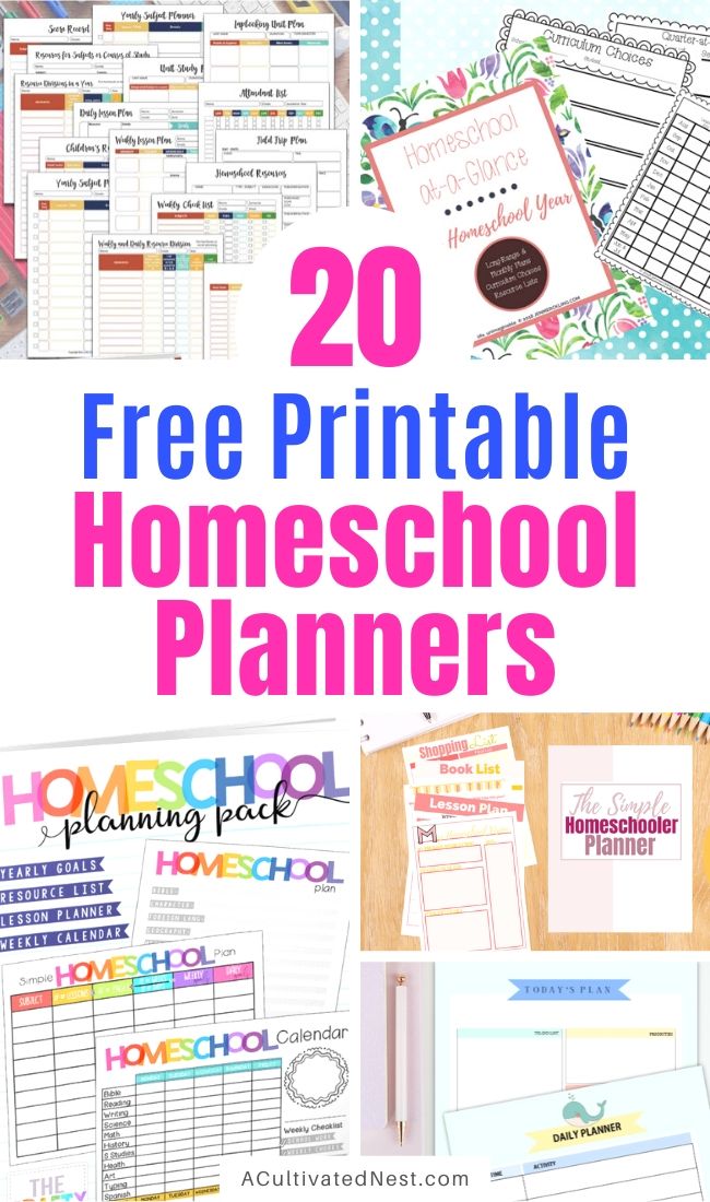 20 Free Printable Homeschool Planners- If you need to get your homeschool organized on a budget, then you need to check out these free printable homeschool planners! There are planners for all grades! | #homeschooling #homeschoolPlanner #freePrintable #freePrintable #ACultivatedNest