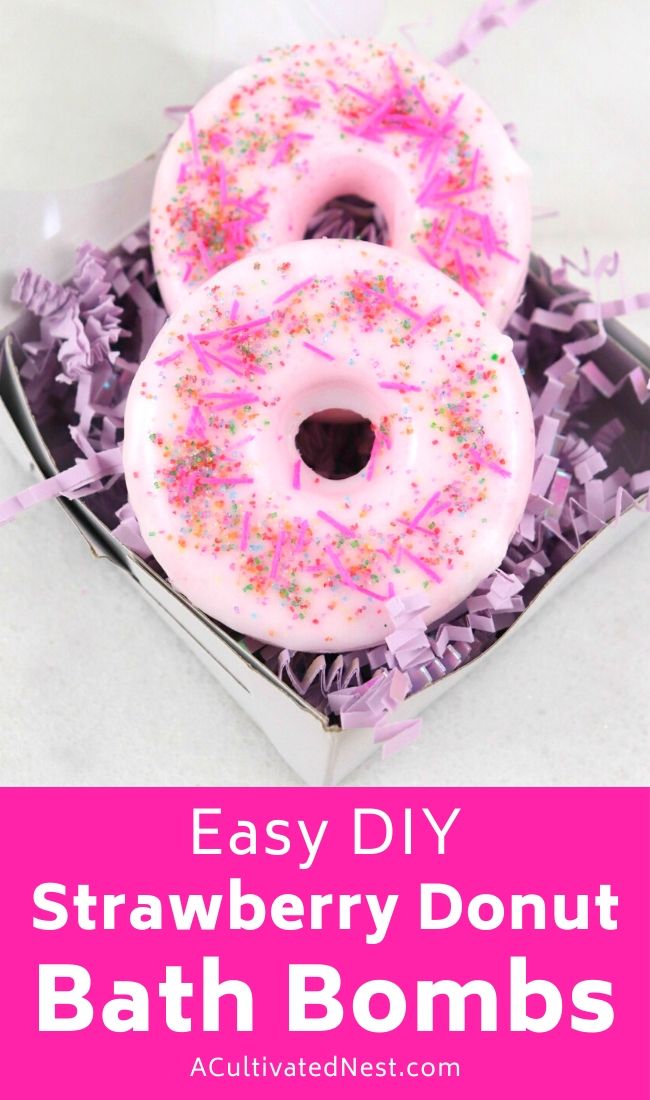 Strawberry Doughnut DIY Bath Bomb Recipe- If you want to take a relaxing bath, make this strawberry doughnut DIY bath bomb recipe first! They're easy to make, smell great, and make wonderful DIY gifts! | #DIYBathBomb #diyProject #craft #homemadeGift #ACultivatedNest