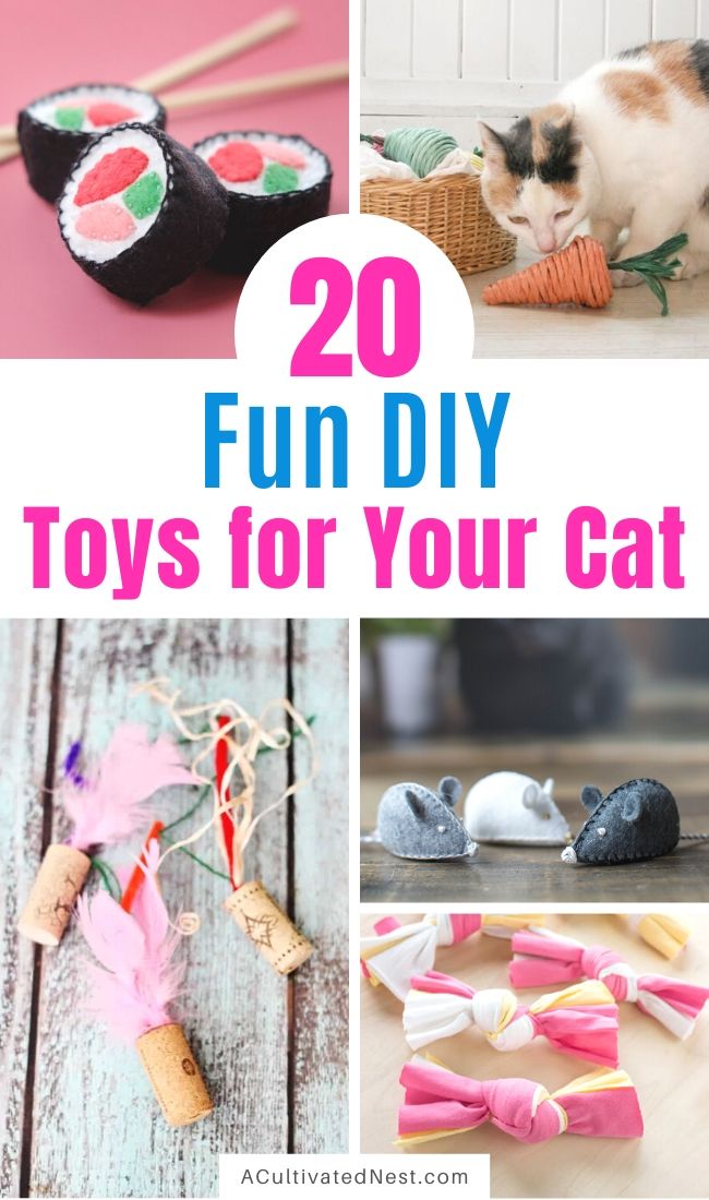 20 Fun DIY Cat Toys- It's easy to make homemade cat toys that your cat will love to play with! For inspiration, check out these 20 DIY cat toys and treat your cat to something new and fun! | how to make toys for your cat, homemade pet toys, #cats #homemadeCatToys #craft #catToy #ACultivatedNest