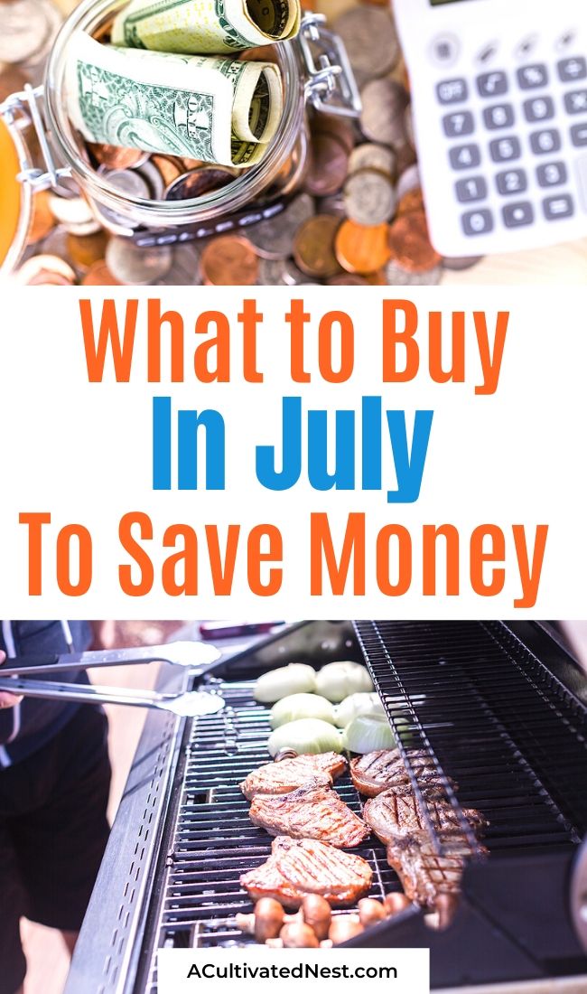 What to Buy in July- If you want to save money in July, you need to check this list of what to buy in July before you go shopping! It has a little bit of everything to look for! | how to save money in July, #moneySavingTips #saveMoney #frugalLiving #livingOnABudget #ACultivatedNest