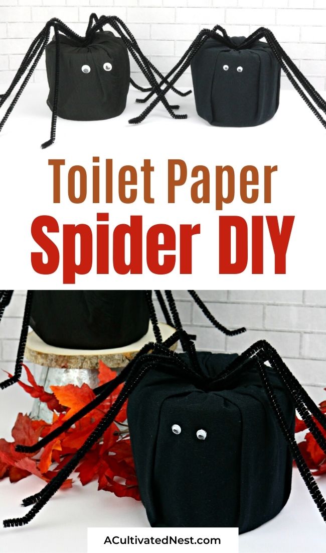 DIY Halloween Toilet Paper Spider- If you want to add some Halloween decor to your home on a budget, you have to make this DIY Halloween toilet paper spider. It's easy, and adorable too! | DIY Halloween decorations, #halloweenDecorations #diyProjects #DIYs #Halloween #ACultivatedNest