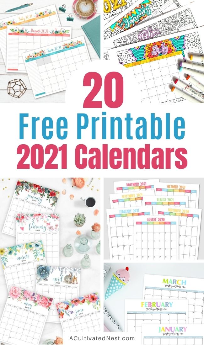 20 Free Printable 2021 Calendars- If you want an easy to to plan your schedule, remember birthdays, or track your workouts, then you need one of these lovely free printable 2021 calendars! They're perfect for hanging on the wall or keeping on your desk! | #2021Calendars #freePrintables #printable #calendarPrintables #ACultivatedNest