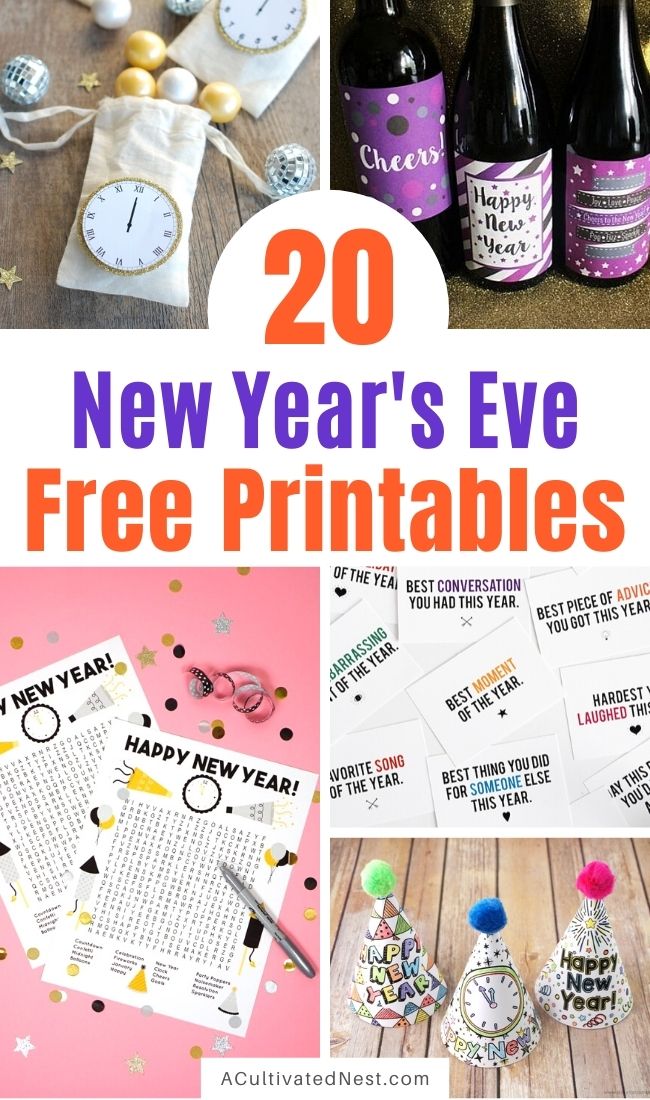 20 Brilliant New Year's Eve Free Printables- Use the free New Year's Eve printables to celebrate in style as you get ready for the new year! There are so many fun New Year's Eve activities and décor items that you can print! | #NewYearsEve #freePrintables #printables #NewYear #ACultivatedNest