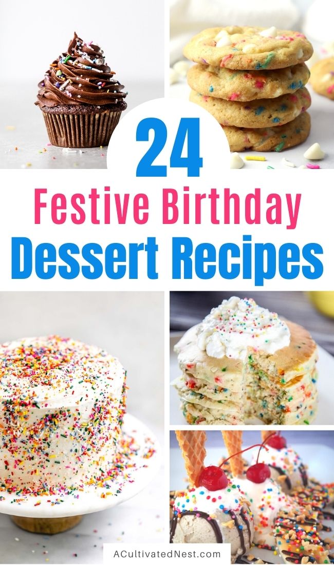 24 Fun Birthday Dessert Recipes- To make the next birthday you bake for even more special, make some of these fun birthday dessert recipes! There are so many colorful and delicious treats you can make! | #desserts #birthdayRecipes #birthdayDessert #birthdayIdeas #ACultivatedNest
