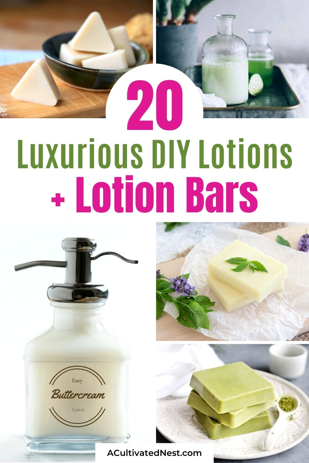 20 Luxurious DIY Lotions and Lotion Bars- If you want a thoughtful homemade gift, or just want some all-natural lotion, then you need to learn how to make some of these 20 luxurious DIY lotions and lotion Bars! | #homemadeBeauty #homemadeLotion #diyLotionBars #crafts #ACultivatedNest