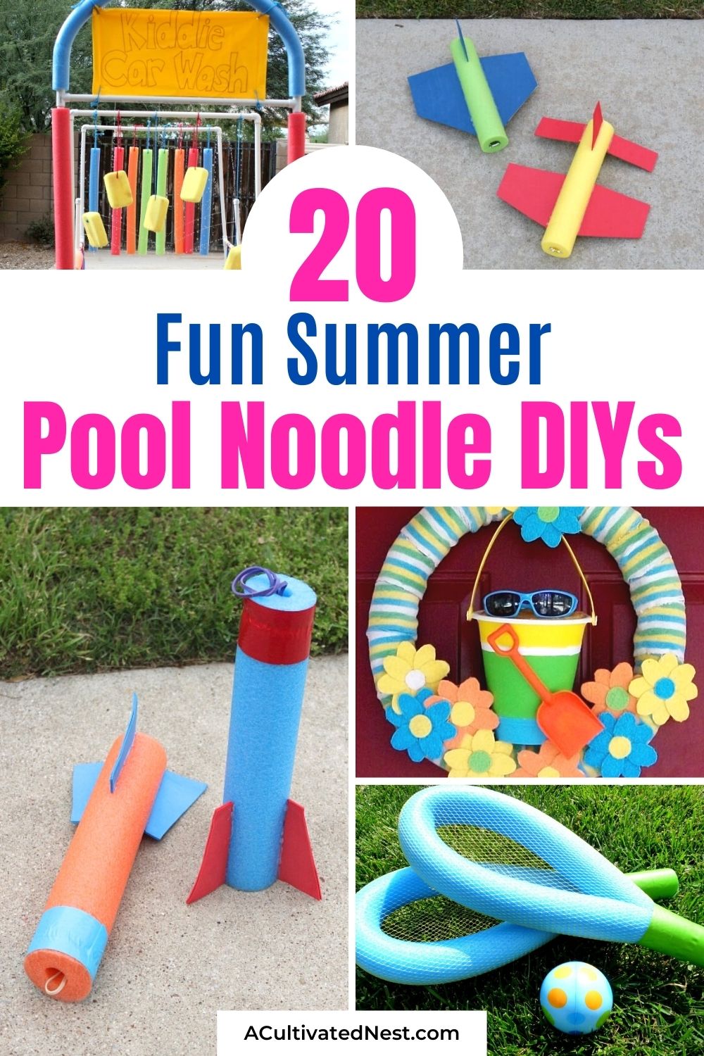 20 Fun Summer Pool Noodle DIY Ideas- For a fun, frugal summer kid's craft, you should make some summer pool noodle DIYs! They're a lot of fun to make, and are sure to make you and your kids smile! | repurpose pool noodles, pool noodle crafts, #summerCrafts #kidsCrafts #summerDIY #poolNoodles #ACultivatedNest