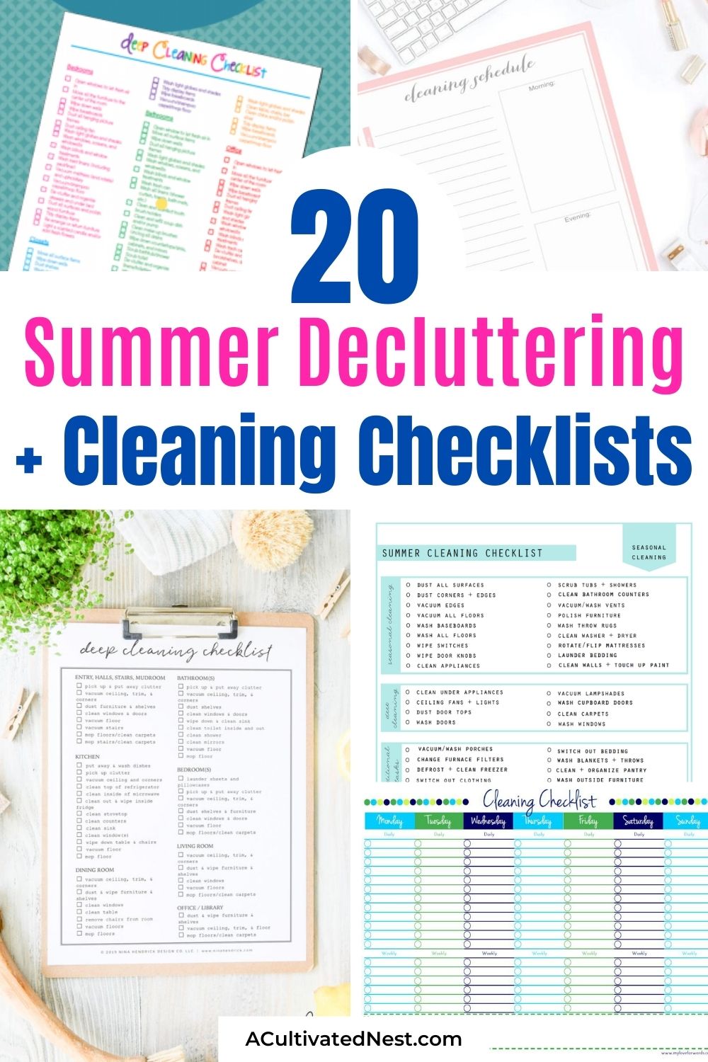 20 Summer Cleaning and Decluttering Checklists- Summer is the perfect time for tidying up your home, and these summer cleaning and decluttering checklists will help a lot! Many are also free printables, for even easier use! | #freePrintable #summerCleaning #declutteringSchedule #cleaningCleaning #ACultivatedNest