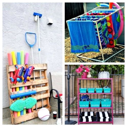 12 Clever DIY Pool Organizers- These clever DIY pool organizers will have your yard ready for swimming season and summer guests in no time! | summer organizing tips, how to organize pool toys, #organizingTips #diyOrganizers #organization #poolOrganization #ACultivatedNest