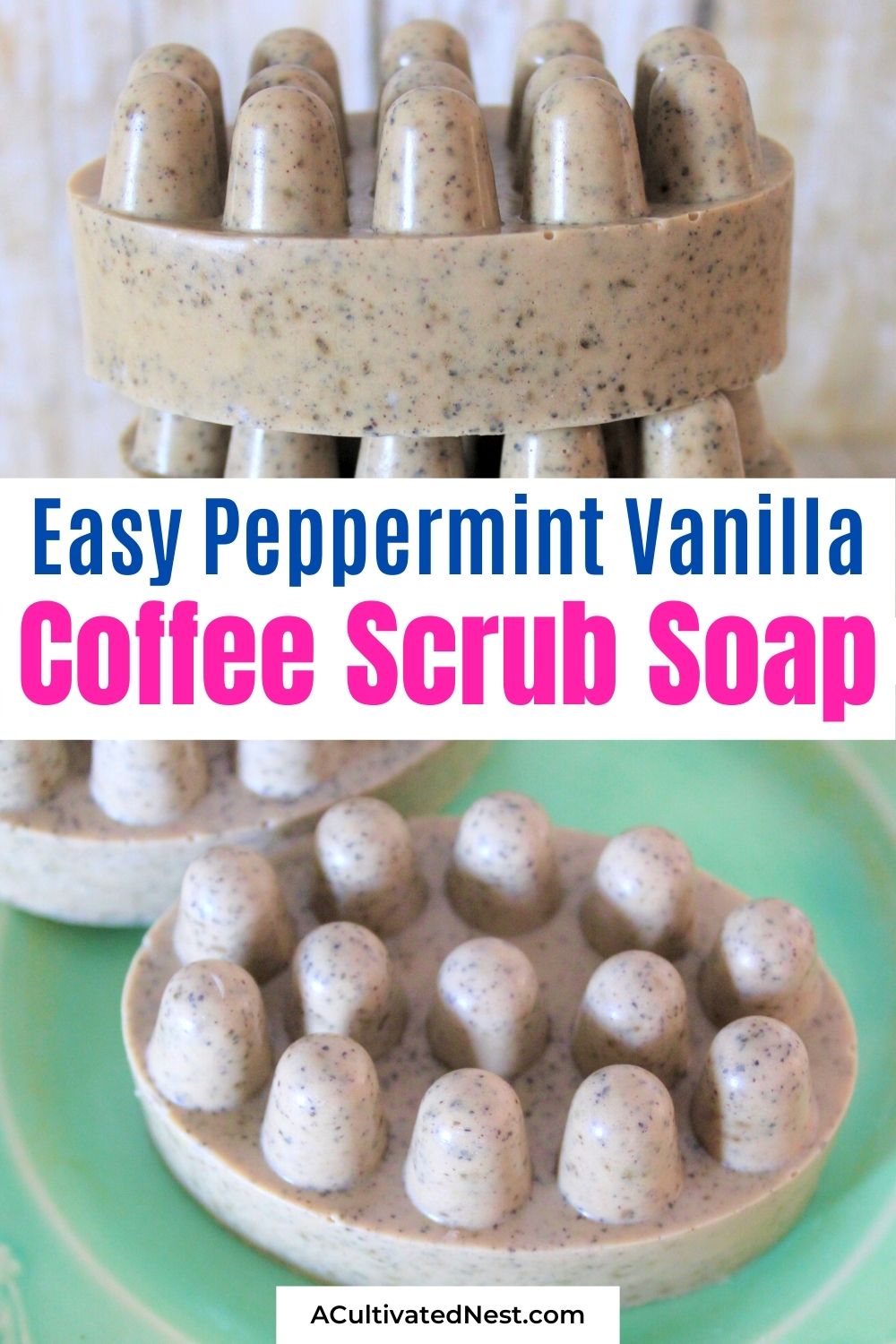 Easy Peppermint Vanilla Coffee Scrub Soap- For a clever way to use up used coffee grounds, you have to make this peppermint vanilla coffee scrub soap! This DIY soap smells amazing, looks fantastic, and makes a lovely homemade gift idea! | DIY gift idea, DIY soap, #craft #homemadeSoap #bodyScrub #homemadeGiftIdeas #ACultivatedNest