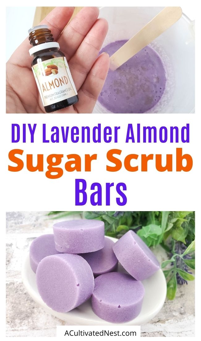 Easy Lavender Almond Sugar Scrub Bars- For a lovely homemade gift, or just an easy way to keep your skin smooth, you need to make these lavender almond sugar scrub bars! They're so fun and easy to make! | #sugarScrubBars #bodyScrubBars #homemadeGifts #DIY #ACultivatedNest