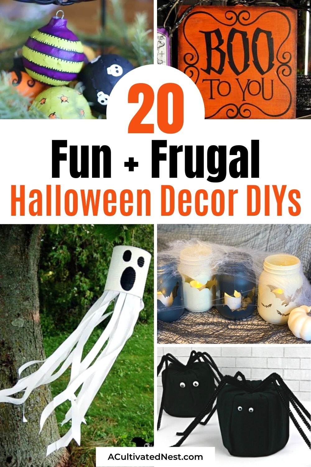 20 Budget-Friendly Halloween DIY Decorations- Get your home decorated for Halloween on a budget with these fun and frugal Halloween DIY decorations! There is so much spooky fun décor you can make! | #HalloweenDIY #diyProject #HalloweenCrafts #HalloweenDecorations #ACultivatedNest