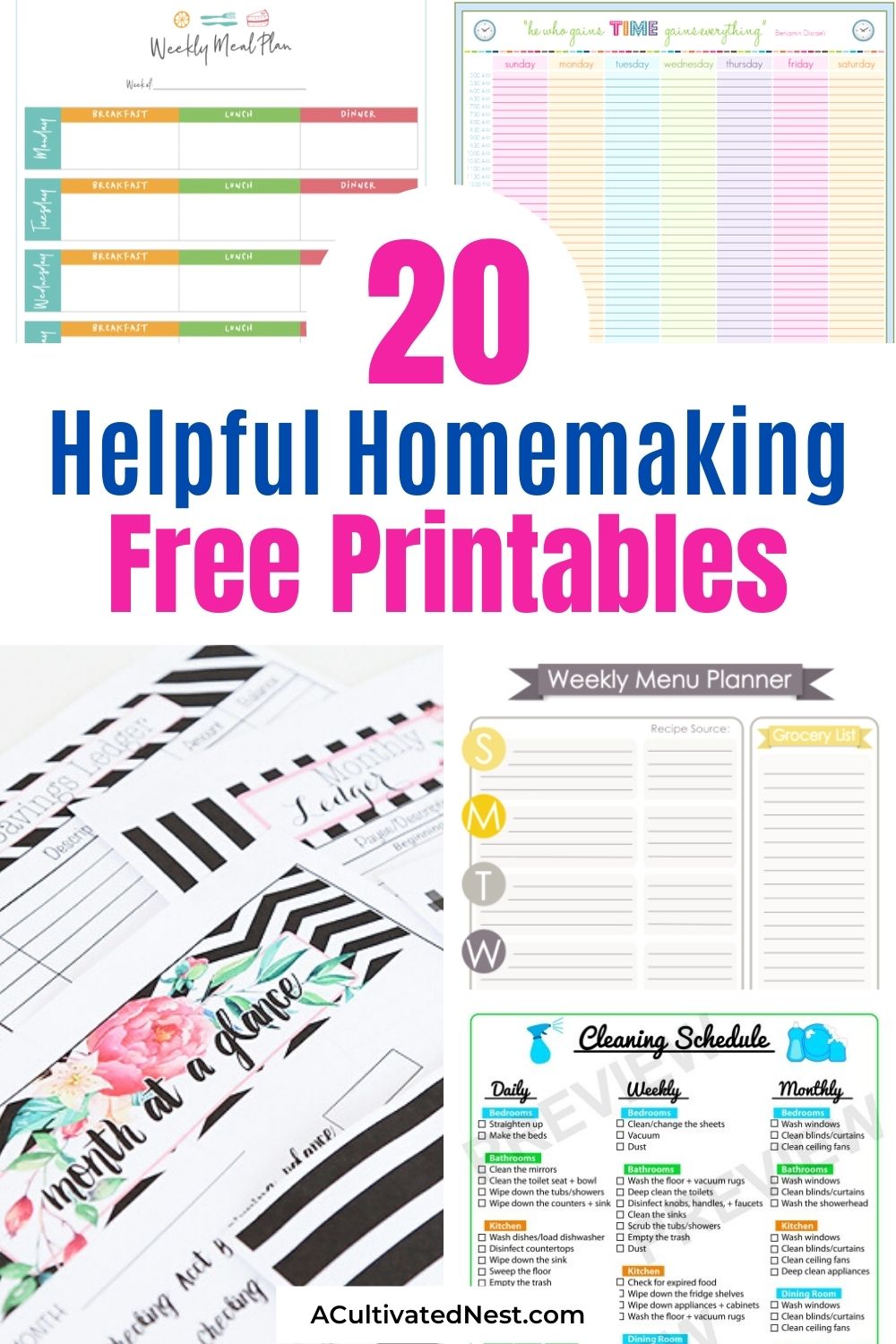 20 Helpful Free Homemaking Printables- If you need to get your home and life in order, then you'll love these 20 helpful free homemaking printables! They're easy to follow, and so useful! | budgeting, meal planning, cleaning tips, home binder printable pages, mom binder printables #freePrintable #printables #budgeting #mealPlanning #ACultivatedNest