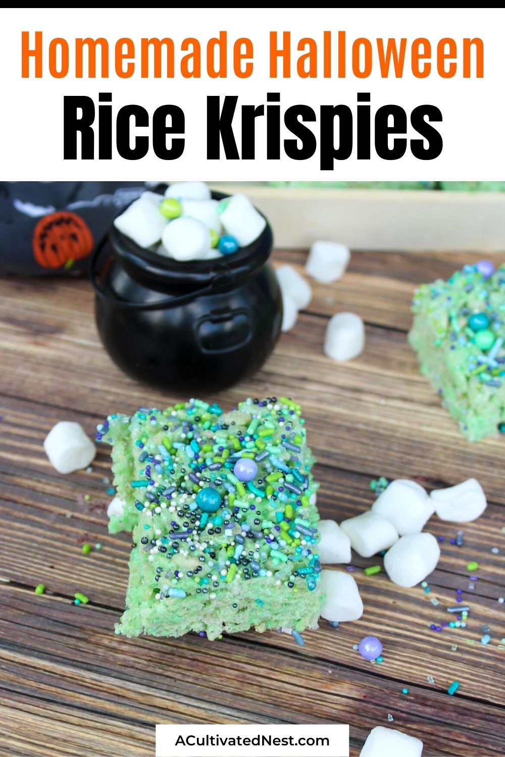 Witches Brew Halloween Rice Krispies- For a fun, easy, and delicious Halloween treat, make these witches brew homemade Halloween rice krispies! This no-bake Halloween recipe is perfect for feeding a crowd, or for a simple family evening! | #HalloweenRecipes #recipes #dessertRecipes #riceKrispieRecipes #ACultivatedNest