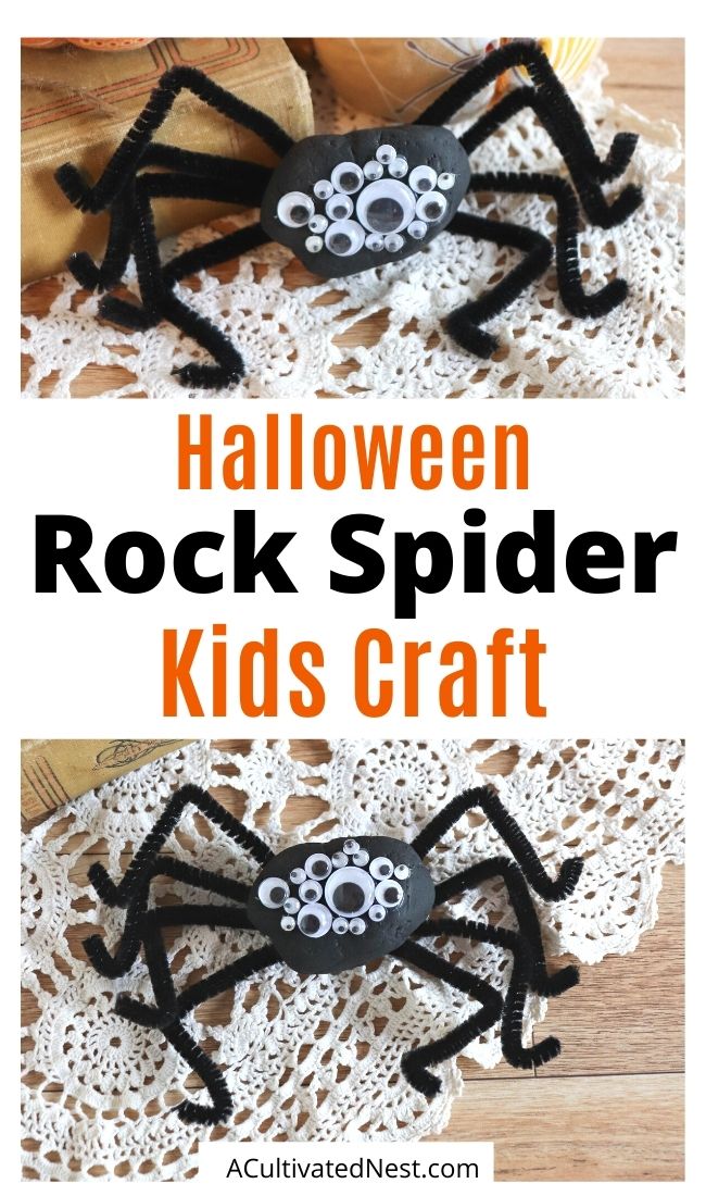 Rock Spider Kids Craft- If your kids can't wait for Halloween, then give them this fun rock spider kids craft to do! These cute DIY rock spiders also make fun Halloween décor! | #HalloweenDIY #kidsActivities #HalloweenCraft #paintedRockCraft #ACultivatedNest