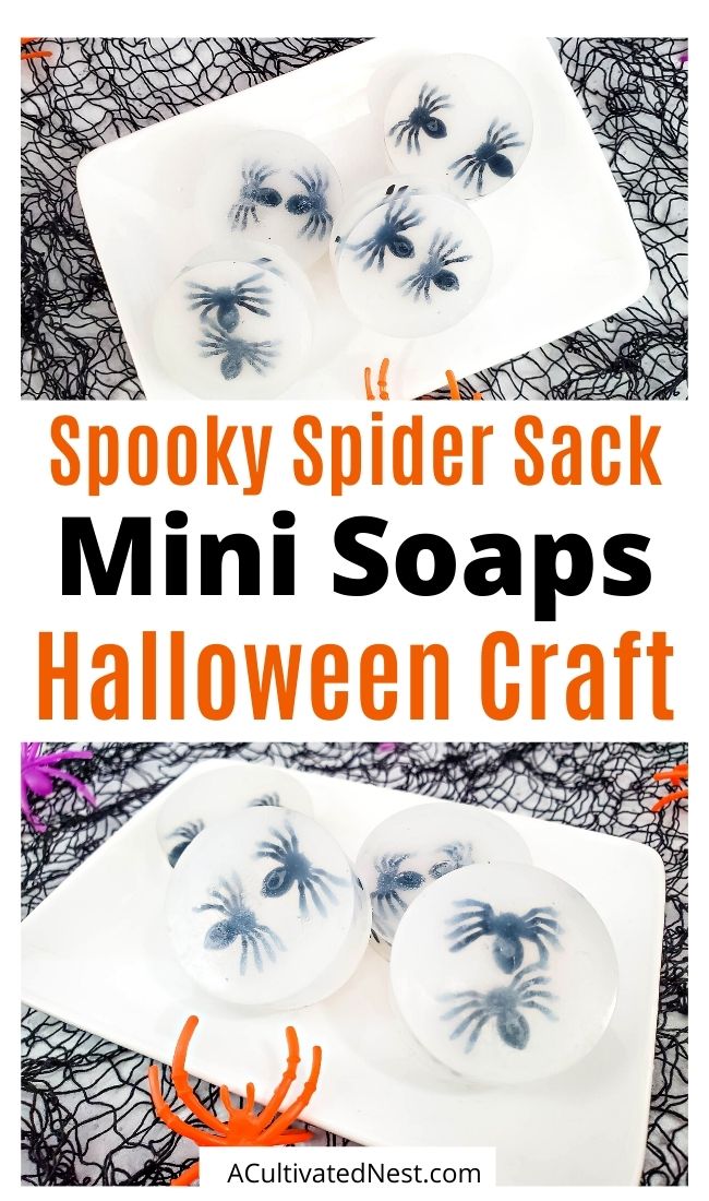 Spooky Spider Sack Mini Soaps Craft- If you want to give fun party favors at your Halloween party this year, then you have to do this spooky spider sack mini soaps craft! This is also a fun Halloween kids craft! | #HalloweenCraft #diyProject #kidsCrafts #homemadeSoap #ACultivatedNest