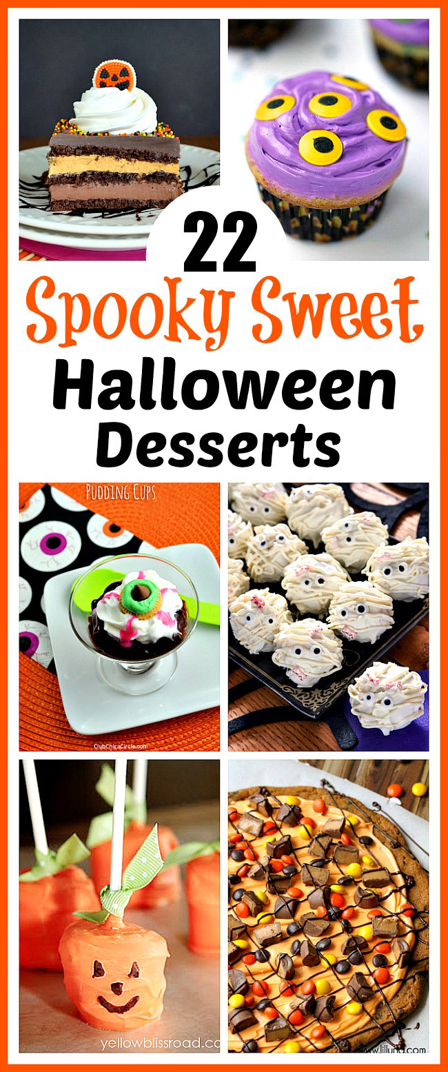 22 Spooky Sweet Halloween Desserts- Be creative and let your imagination loose this Halloween with these 16 fun Halloween desserts! There are so many delicious treats to choose from! | baking, cupcakes, cookies, cakes, donuts, pumpkins, monsters, food, #Halloween