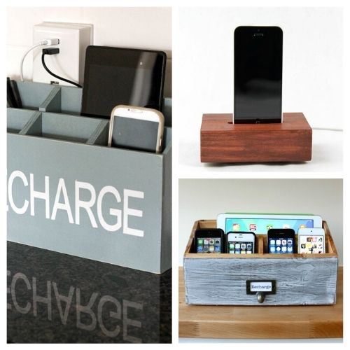 20 Helpful DIY Charging Stations- Easily organize all your devices and your charging cords with these helpful DIY charging stations! They're so easy to make! | #organizingIdeas #chargingStations #deviceOrganziation #diyOrganizer #ACultivatedNest